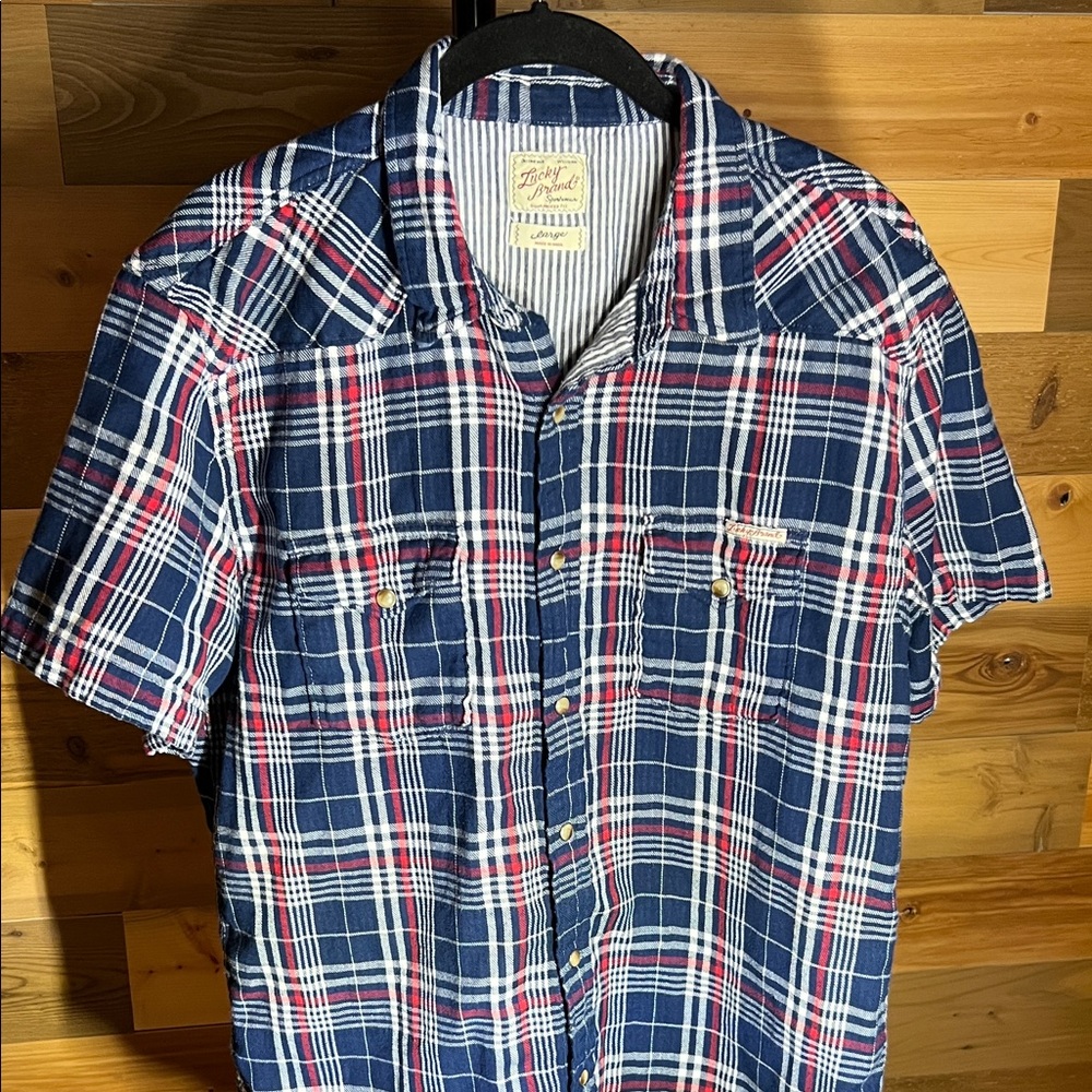 Lucky Brand Blue and Red Plaid Short Sleeve Flannel Button Down Shirt